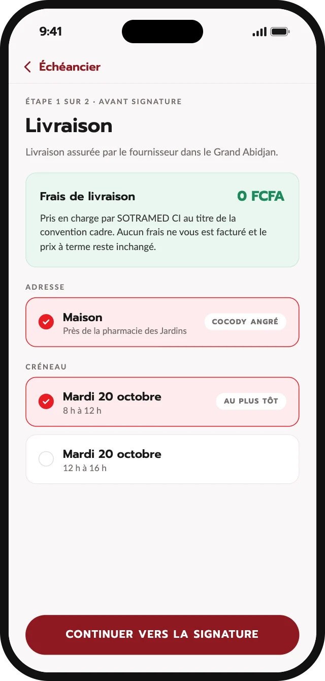 Écran de livraison : adresse, créneau et frais de livraison à 0 FCFA